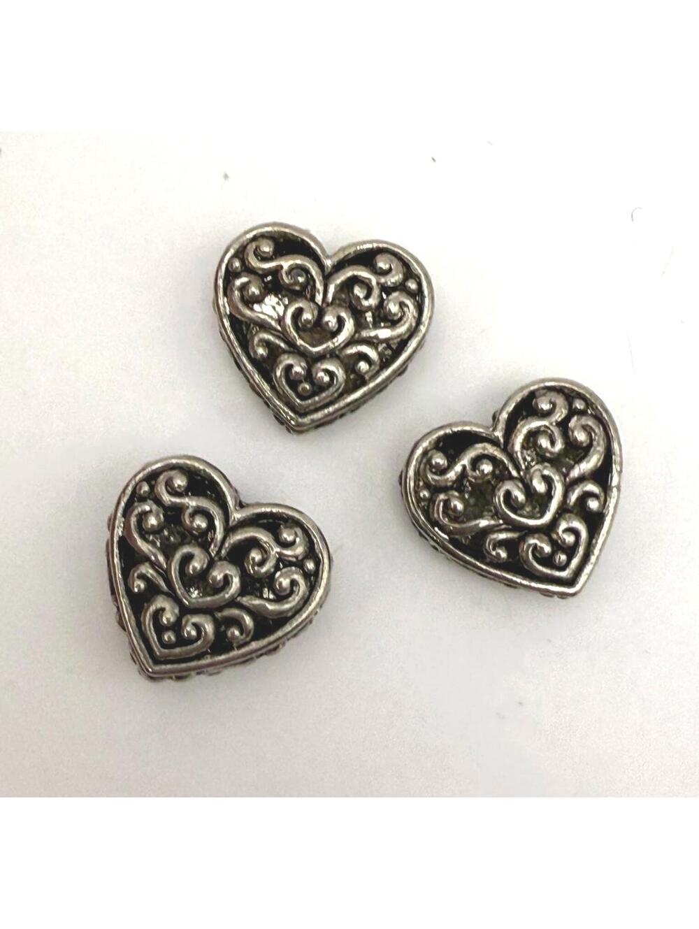 3 large Heart-Shaped Silver Beads
